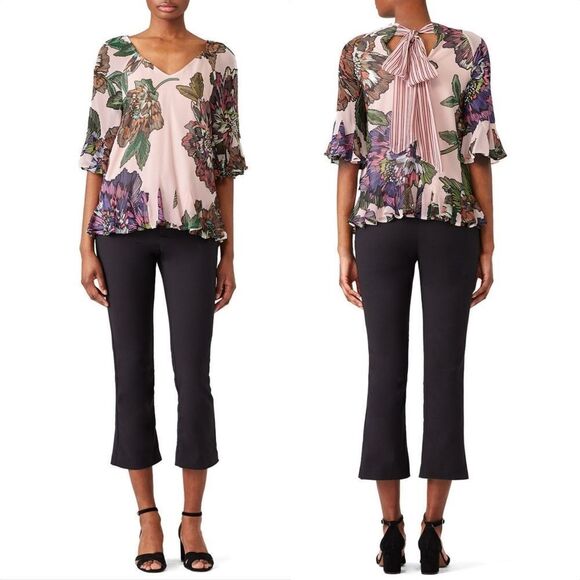 Badgley Mischka Floral Tie-Back 3/4 Sleeve Flutter Top in Dusty Rose Pink - Picture 1 of 15
